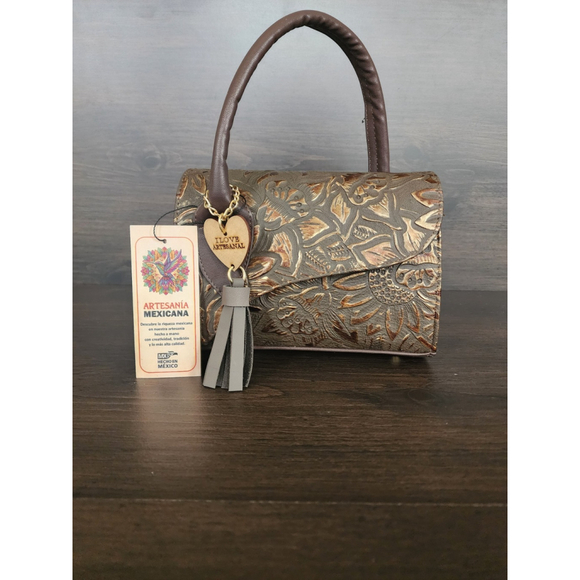 Dark Brown Gold Sunflower Embossed Tooled Artisan LEATHER Crossbody bag - Picture 4 of 15